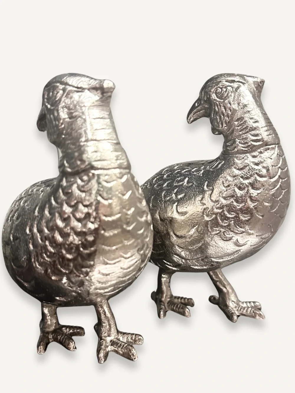 Two Silver Pheasant Bird Figurines